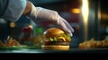 Chef hand cooking cheeseburger on restaurant kitchen. Generative AI