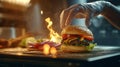 Chef hand cooking cheeseburger on restaurant kitchen. Generative AI