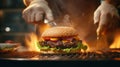Chef hand cooking cheeseburger on restaurant kitchen. Generative AI