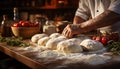 A chef hand kneading dough on a wooden table generated by AI