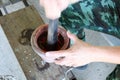 Chef hand, male soldiers, pounding chili with Thai food mortar