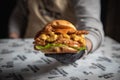 Chef hand offering a Tsaty Cheeseburger sandwich on a table Royalty Free Stock Photo