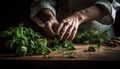 Chef hand prepares fresh organic vegetarian salad generated by AI