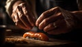A chef hand prepares fresh seafood for a gourmet meal generated by AI Royalty Free Stock Photo