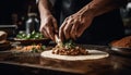 Chef hand prepares rustic homemade dessert slice generated by AI Royalty Free Stock Photo