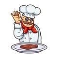 Chef with hand sprinkling on steak cartoon