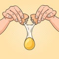 Chef hands breaking egg pop art raster hand drawn