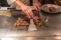 Chef hands cooking Japanese Kobe beef Royalty Free Stock Photo