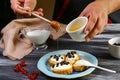 Chef hands cooking sandwiches with cream cheese ricotta, blueberries and honey on the whole grain bread bruschetta. Food concept Royalty Free Stock Photo