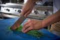 Chef hands cutting chives in restaurant kitchen