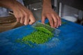 Chef hands cutting chives in restaurant kitchen