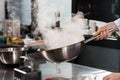 Chef hands keep wok at professional kitchen. Closeup chef hands cook food.