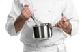 Chef hands with whisk and pan Royalty Free Stock Photo