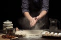 Chef hands are working with wheat flour to make a dough