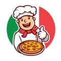 Chef happy cartoon holding a tray of pizza and give a thumbs up logo character mascot illustration vector Royalty Free Stock Photo