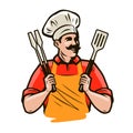 Chef or happy cook holding a grill tools tongs and spatula. Barbecue, kebab food. Cartoon vector illustration Royalty Free Stock Photo