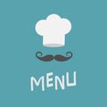 Chef hat and big mustache. Menu card. Curl moustaches. Restaurant uniform. Flat design material style. Blue background.
