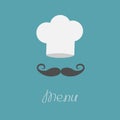 Chef hat and big mustache. Menu card. Flat design style.