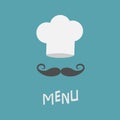 Chef hat and big mustache. Menu card. Restaurant uniform. Curl moustaches.