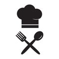 Chef hat, cook icon, kitchen and restaurant symbol, fork and spoon, catering culinry, black silhouette. Food illustration Royalty Free Stock Photo