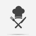 Chef hat with cross knife and fork vector icon on gray background. Cap chef cooking. Layers grouped for easy editing illustration Royalty Free Stock Photo