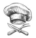 Chef hat and crossed knife, fork. Grill food, barbecue emblem. Hand drawn sketch vintage vector illustration Royalty Free Stock Photo