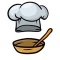 Chef hat and dish. Wooden spoon and plate. Cook white Clothes Royalty Free Stock Photo