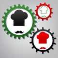 Chef hat and moustache sign. Vector. Three connected gears with