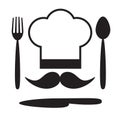 Chef hat with mustache, fork, spoon and knife Royalty Free Stock Photo