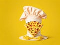 chef hat with pizza on yellow background. ai generative