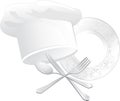 Chef hat, plate with spoon, fork and knife Royalty Free Stock Photo