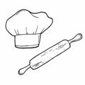 Chef Hat Professional Cooker Clothing and rolling pin icon. Ink Vector. Fabric Hat Uniform Costume Wear Element. Garment Kitchen Royalty Free Stock Photo