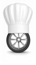 Chef hat sitting on a car wheel isolated on white background Royalty Free Stock Photo