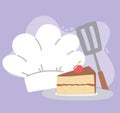 Chef hat spatula and slice cake food cartoon