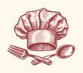 Chef hat, spoon and fork. Cooking food, restaurant menu concept. Sketch vintage vector illustration Royalty Free Stock Photo