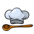 Chef hat. Wooden spoon. Cook white Clothes. Element of the restaurant and cafe logo. Cartoon drawn illustration