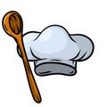 Chef hat. Wooden spoon. Cook white Clothes. Element of the restaurant and cafe logo. Cartoon drawn illustration