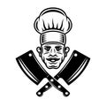 Chef head and two crossed butchery cleavers vector graphic object or design element in vintage monochrome style isolated Royalty Free Stock Photo