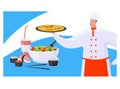 Chef hold pizza, concept oriental and italian foodstuff, cookery expert prepare greek salad, sushi flat vector