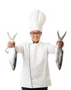 chef holding big fish isolated on white Royalty Free Stock Photo