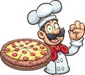 Chef holding a big pepperoni pizza cartoon