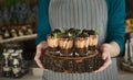 Chef holding chocolate dessert with blackberry Royalty Free Stock Photo