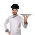 Chef holding empty dish isolated on white
