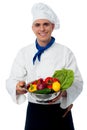 Chef holding fresh vegetables in strainer bowl
