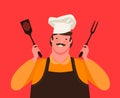 Chef holding kitchen tools for grill. Barbecue, cartoon vector illustration