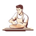 Chef holding pizza cutting plank in kitchen