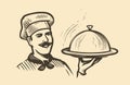 Chef Holding Platter. Restaurant, Food Concept Sketch Vintage Vector Illustration