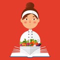 Chef holding recipe cookbook. Flat vector color illustration. Re