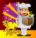 Chef holding a sword and shield.