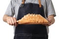 Chef holding toast wheat bread sliced on white background